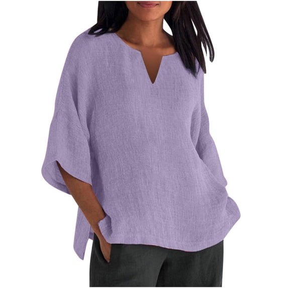 pbnbp Plus Size Tops for Women Cotton Linen Casual Solid Basic Loose Fit Notch V Neck 3/4 Sleeve Comfy Cozy Blouses