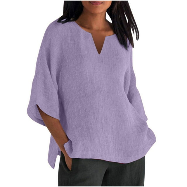 Dealovy Plus Size Shirts for Women 3/4 Sleeve Notch V Neck Cotton Linen Tops Summer Solid Color Tees