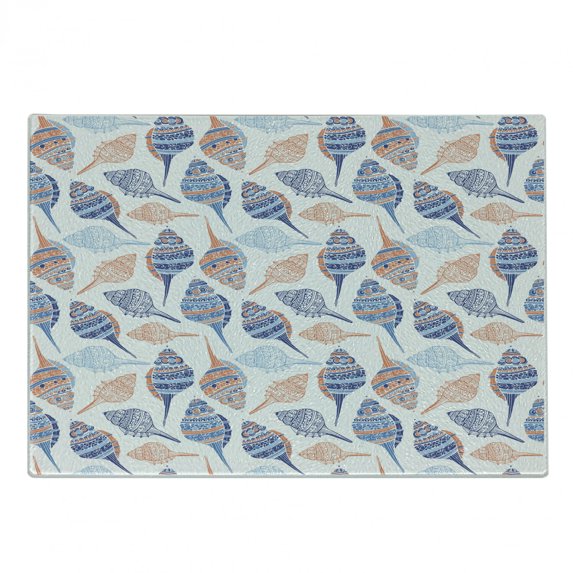 Ocean Cutting Board, Marine Life Themed Abstract Seashells Scallops with Bohemic Prints, Decorative Tempered Glass Cutting and Serving Board, Small Size, Navy Blue Marigold, by Ambesonne