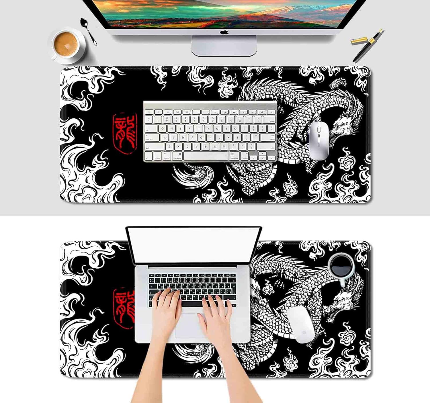 Large Gaming Mouse Pad (35.4x15.7 in), Big Extended Non-Slip Rubber Base Mousepad with Stitched Edges, Keyboard Mouse Mat Desk Pad for Work, Gamer, Office, Computer - Black and White Dragon