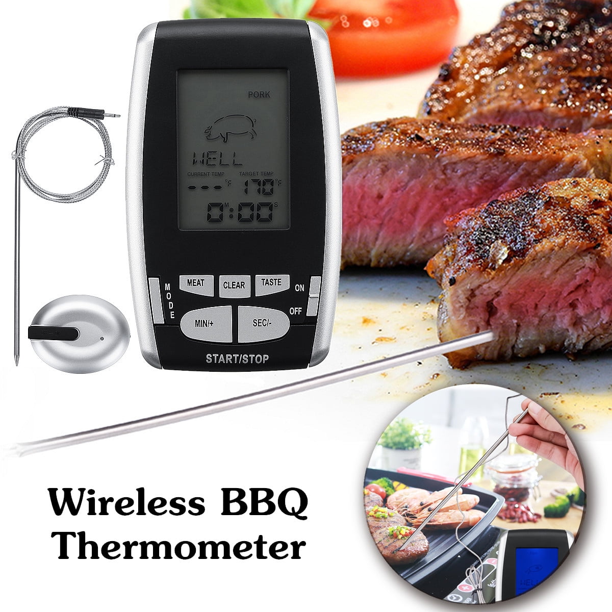Grtsunsea BBQ Cooking Wireless Remote Meat Thermometer Long Range LCD Food Thermometer for BBQ