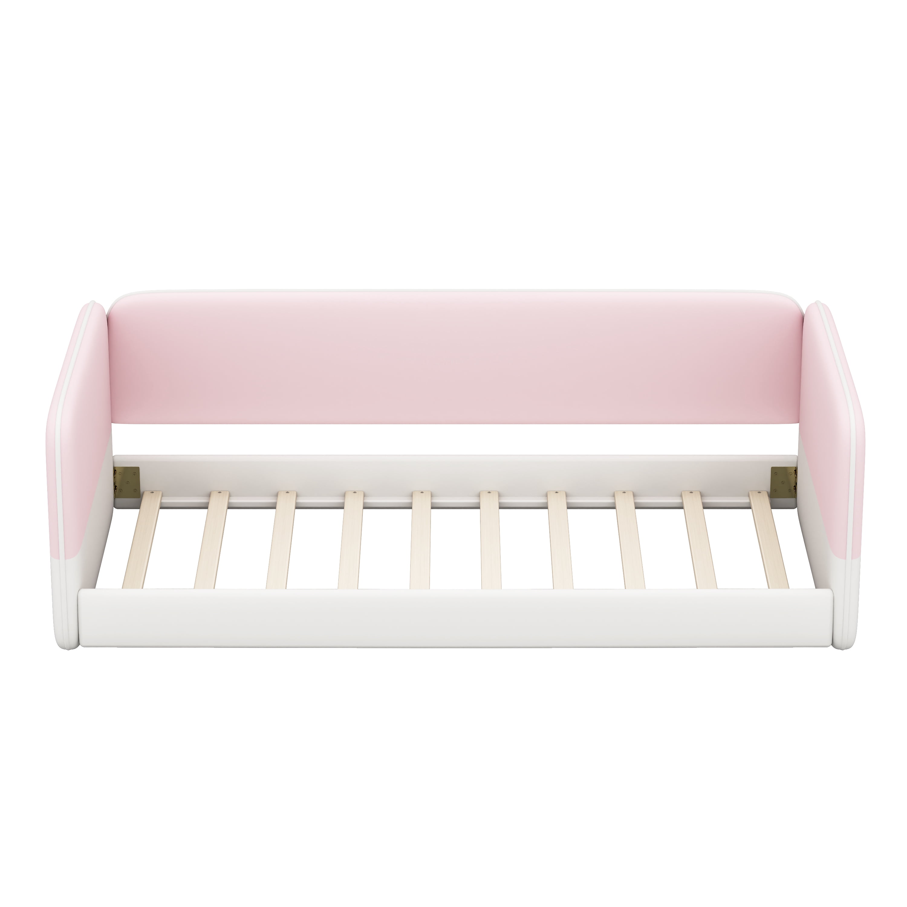 Mintazer Twin Size Beige Montessori Floor Bed with Velvet Upholstered Sides for Kids Toddler, Pink