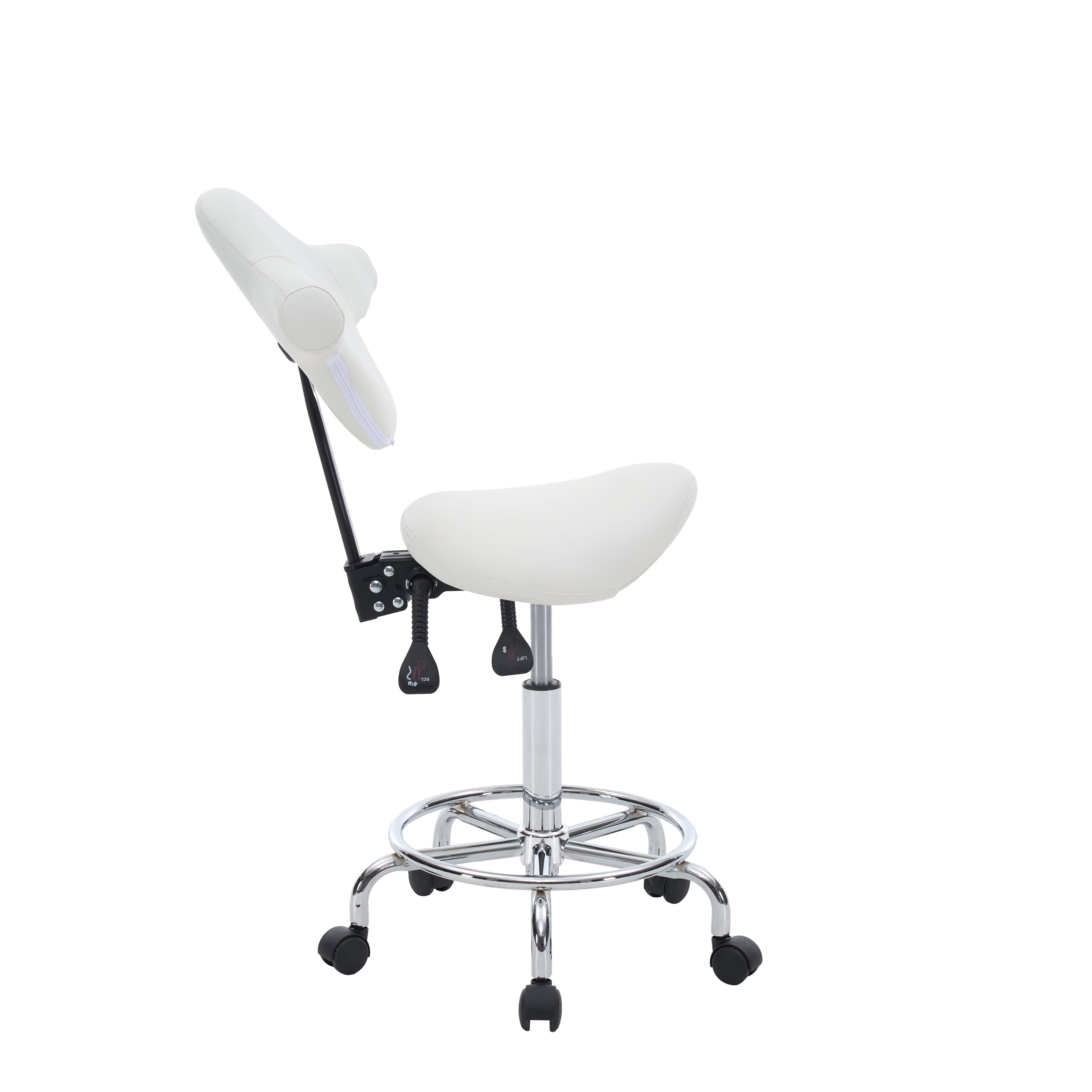Ergonomic Saddle Stool with 360-Degree Rotation Rollerblade Wheels Easy 16-Minute Assembly White Salon Chair