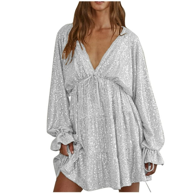 Amzcrzy Robe Fluide Formelle pour Femme Robe à Paillettes Manches Longues Col en V Profond Broderie Événement Fête Cocktail Mini Patineuse Robes Midi Robe de Soirée P-3TG