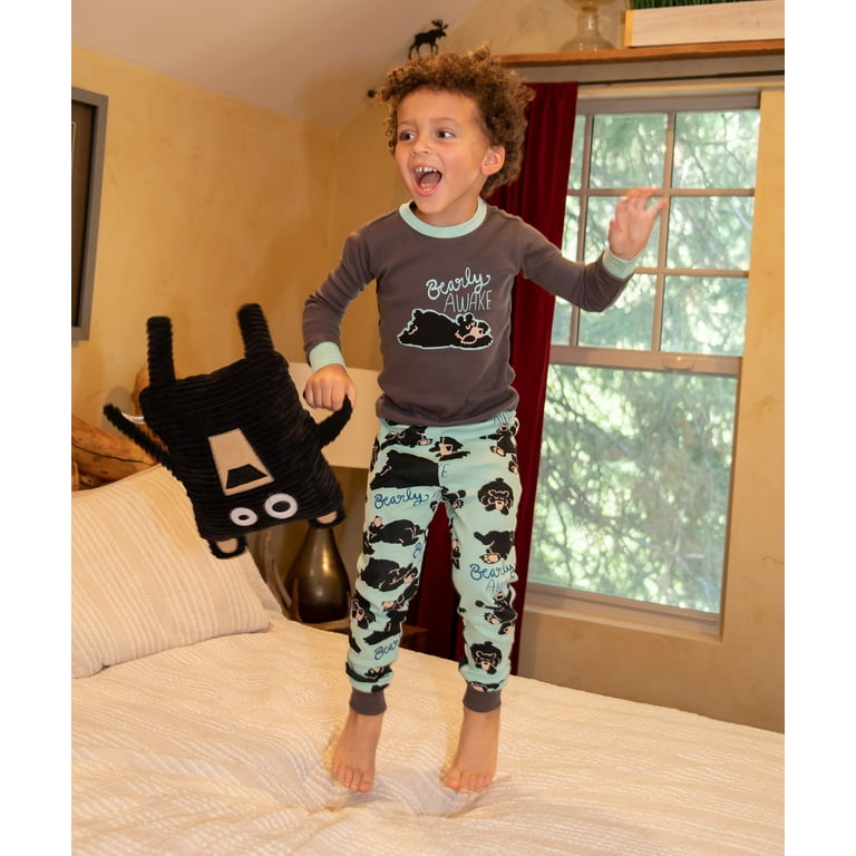 LazyOne Warm Long Sleeve PJ Sets for Girls and Boys Bearly Awake Funny Animal Kids Pajama Sets