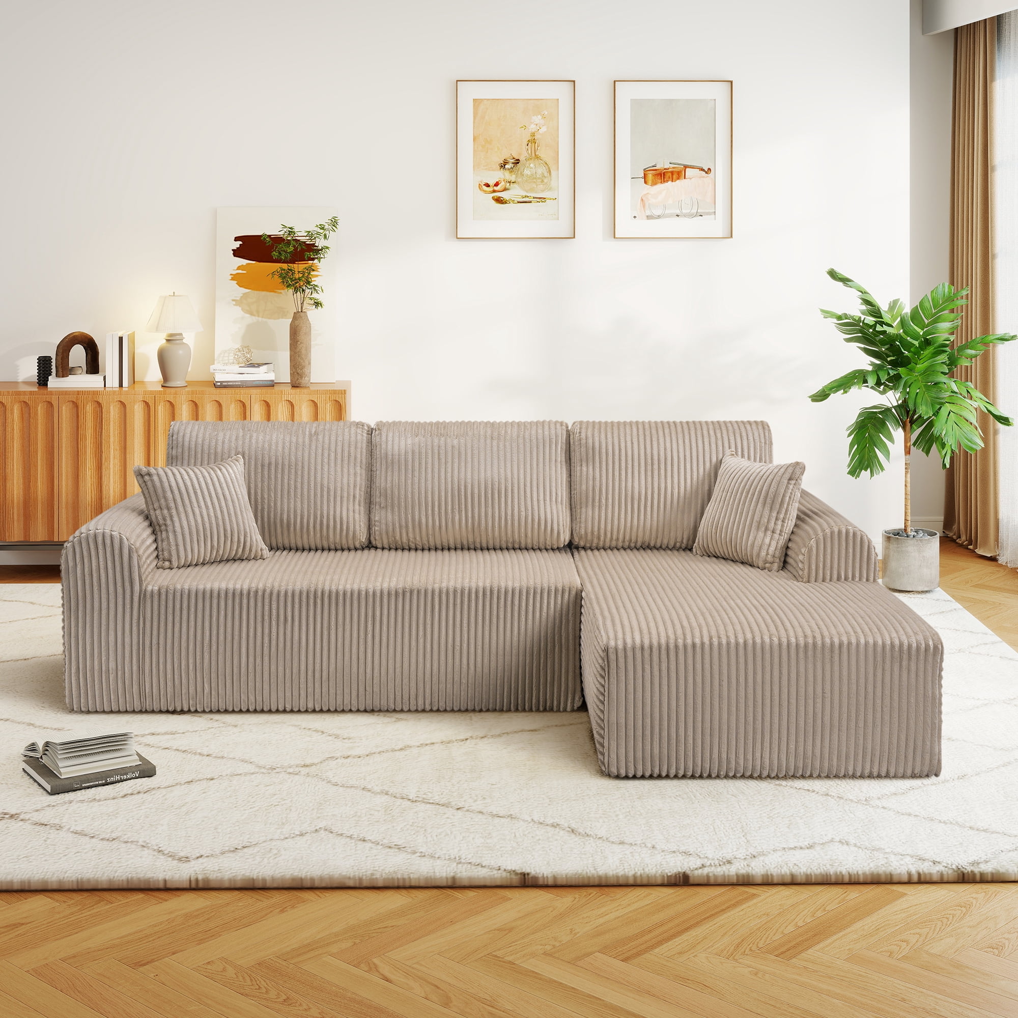 Aukfa 109" Modular Cloud Sectional Sofa with L-Shape Chaise, Corduroy Upholstered Deep Seat Couch, Right Facing Chaise, No Assembly Boneless Sofa for Living Room/Bedroom/Apartment, Camel