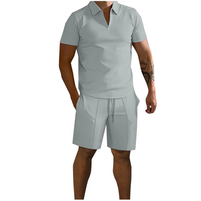 Mens Pantalones Casuales Sólido de Pie Cuello Cremallera Set Deportivo con Manga Corta Solapa Y Pantalones Cortos