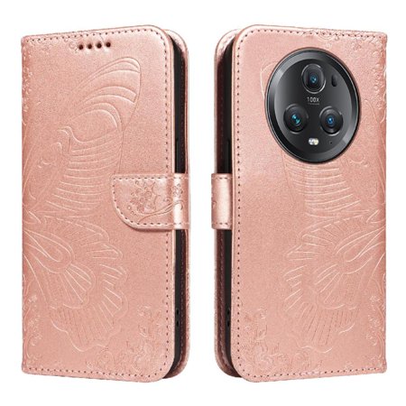 Flip Case For Honor Magic 5 Pro Detachable Hand Strap With Credit Card Slot High Quality Leather Embossed Butterfly