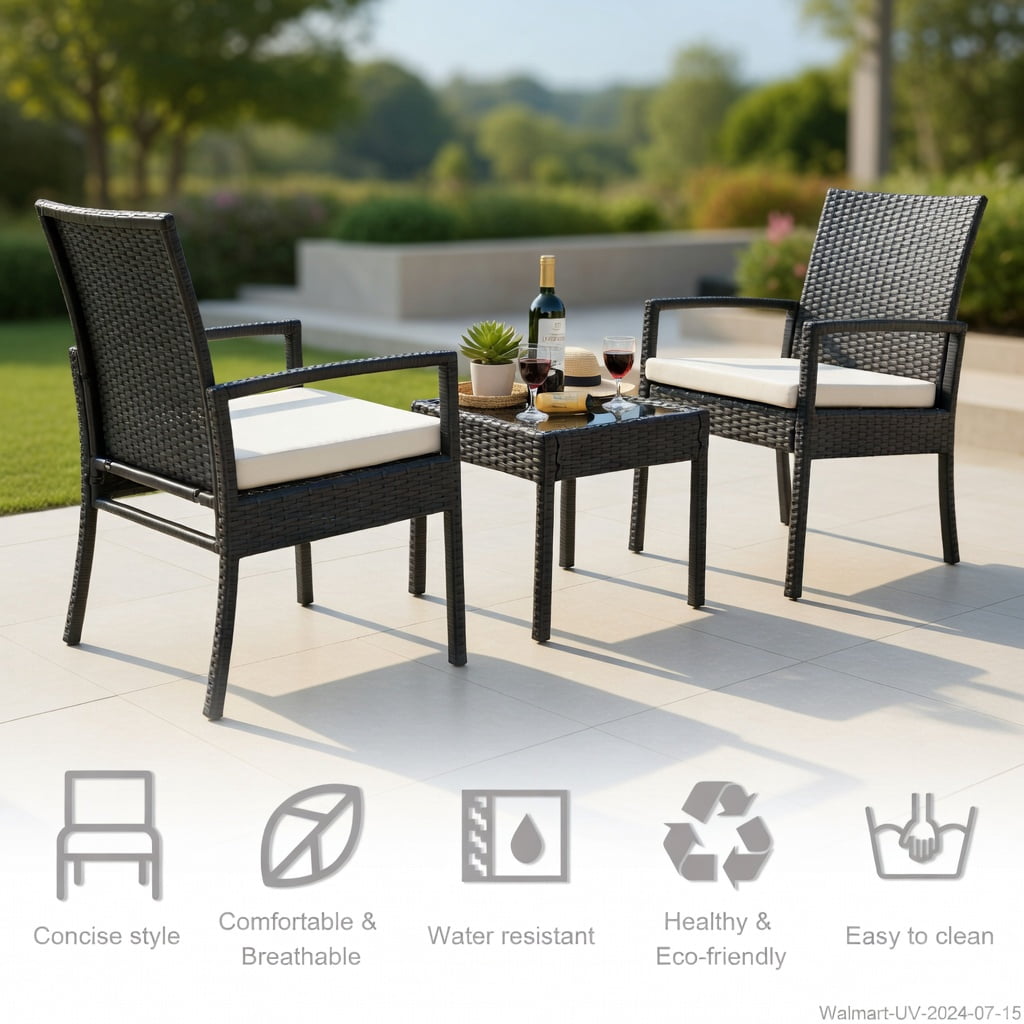 Hommoo 3-Piece Outdoor Rattan Patio Furniture Set, 2 Armchairs + Coffee Table with Cushions, Steel Frame, Weather-Resistant Wicker for Small Backyard, Garden & Balcony, Black