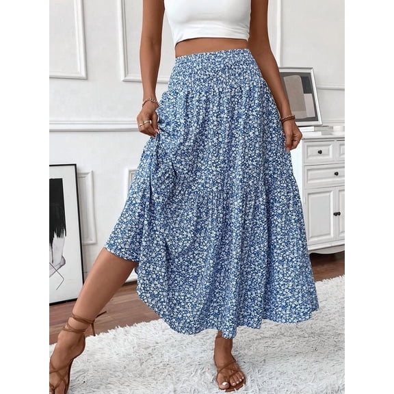 Women's Maxi Skirt Tiny Floral Casual Elastic Waist With Pockets Ruffled Hem Ladies A-Line Long Skirts