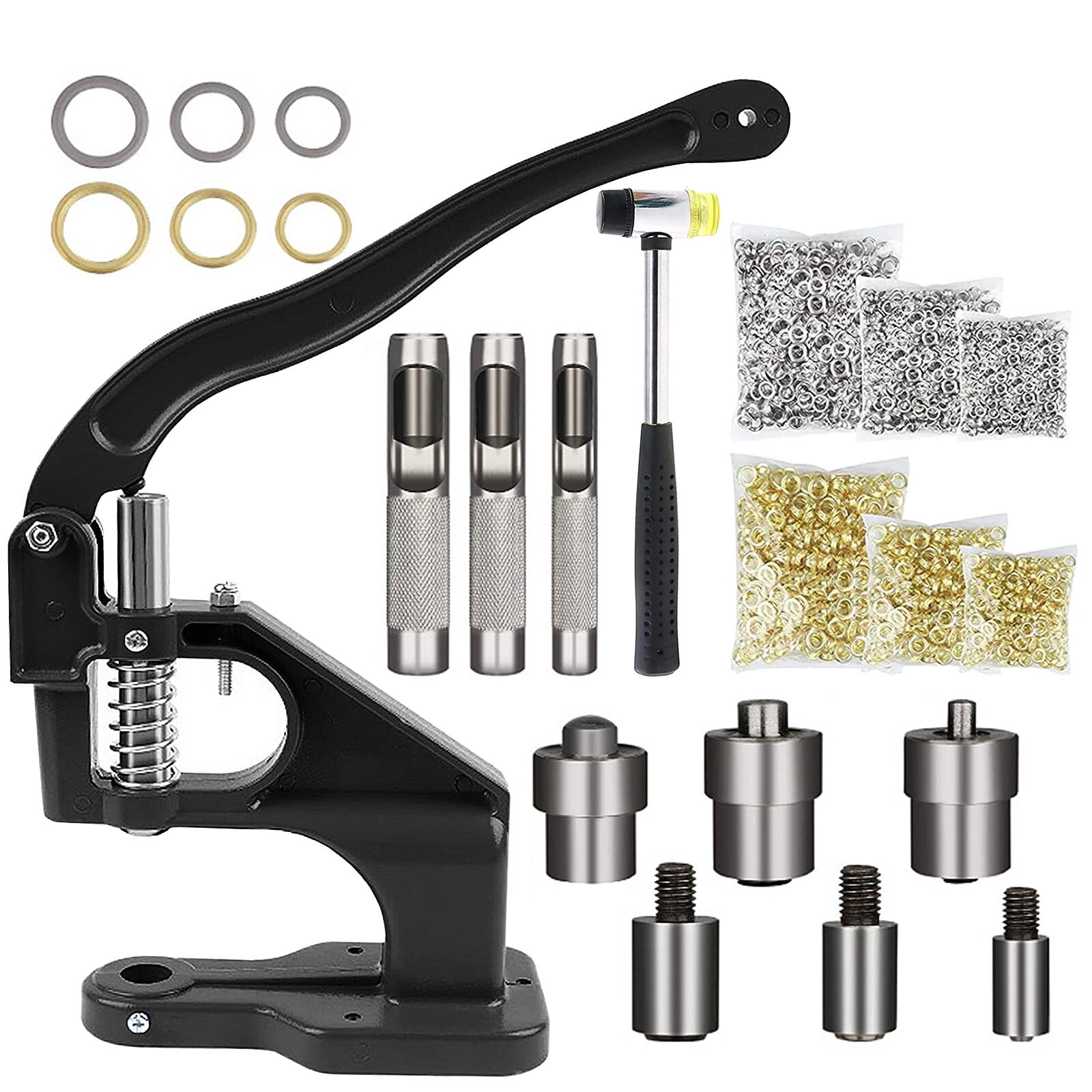 3000pcs Hand Press Grommet Machine, Heavy Duty Eyelet Grommet Machine Punch Tool Kit with Dies, Grommets, and Hammer for Snap Buttons, Rivets, Eyelets, and Pearls (Black)