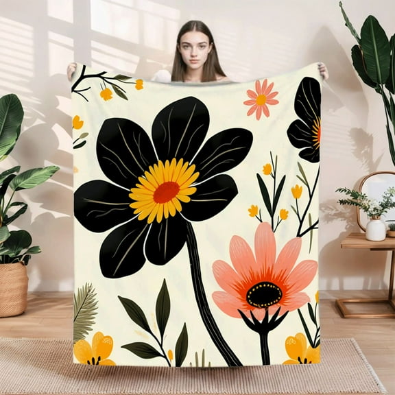 Vibrant Floral Design Flannel Blanket - Soft Cozy Durable Blanket for Sofa Travel Bed Chair - Whimsical Black & Pink Flowers