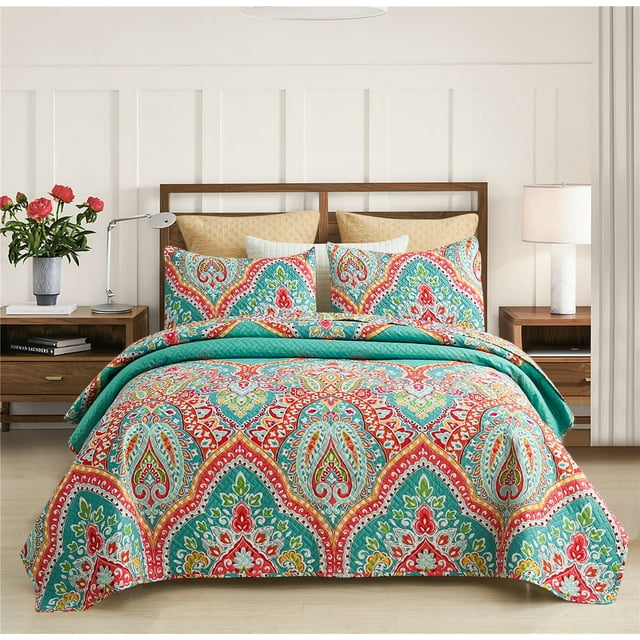 JML Quilt Set 3 Piece, Embossed Bedspread Bedding Set with 2 Shams, Queen, TurquoIse & Tangerine