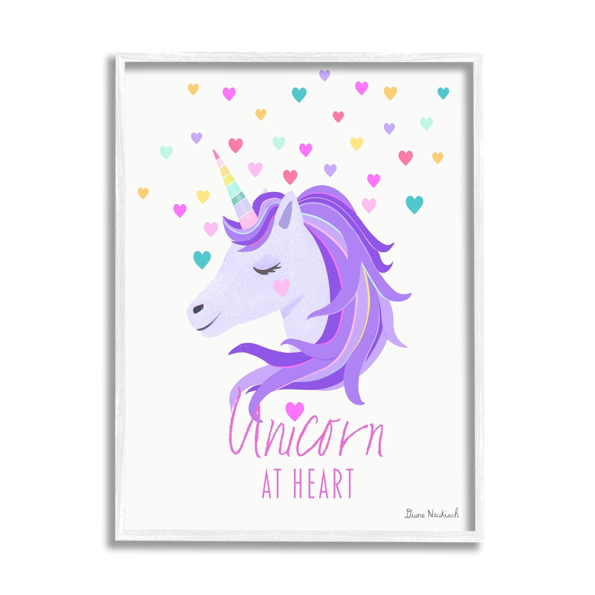 Stupell Industries Unicorn At Heart Phrase Pastel Purple Hearts Pattern Graphic Art White Framed Art Print Wall Art, Design by Diane Neukirch