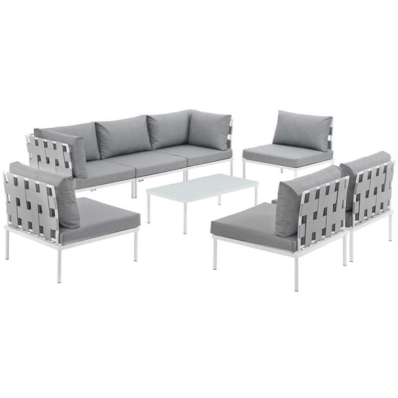 Modern Contemporary Urban Design Outdoor Patio Balcony Eight PCS Sectional Sofa Set, Grey White Gray, Rattan