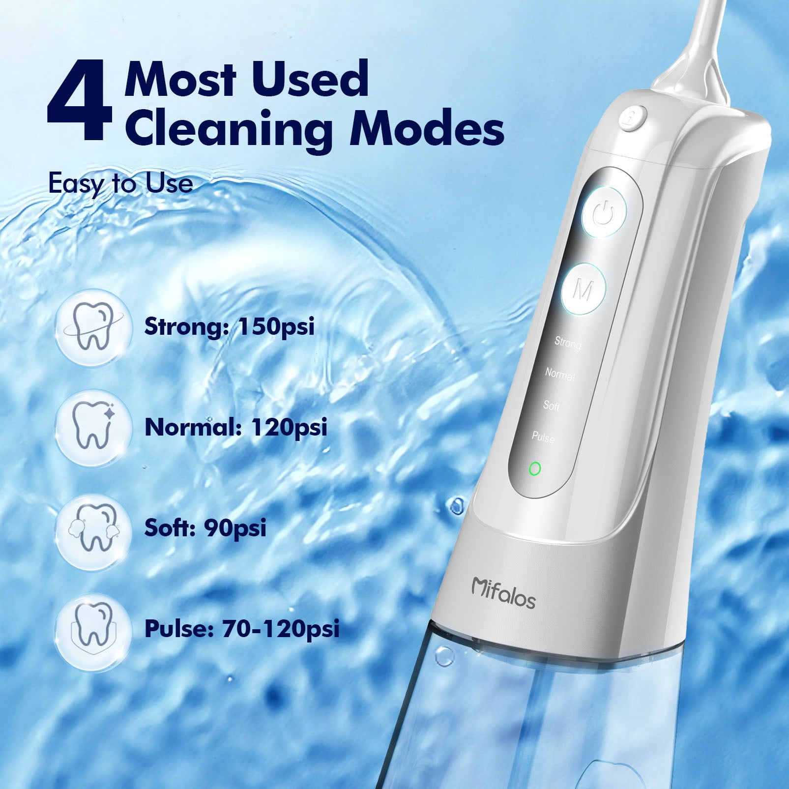 Cordless Water Flosser Dental Teeth Cleaner, 4 Jet Tips 4 Modes Oral Irrigator Portable, 300ML Tank USB Rechargeable IPX7 Waterproof, White