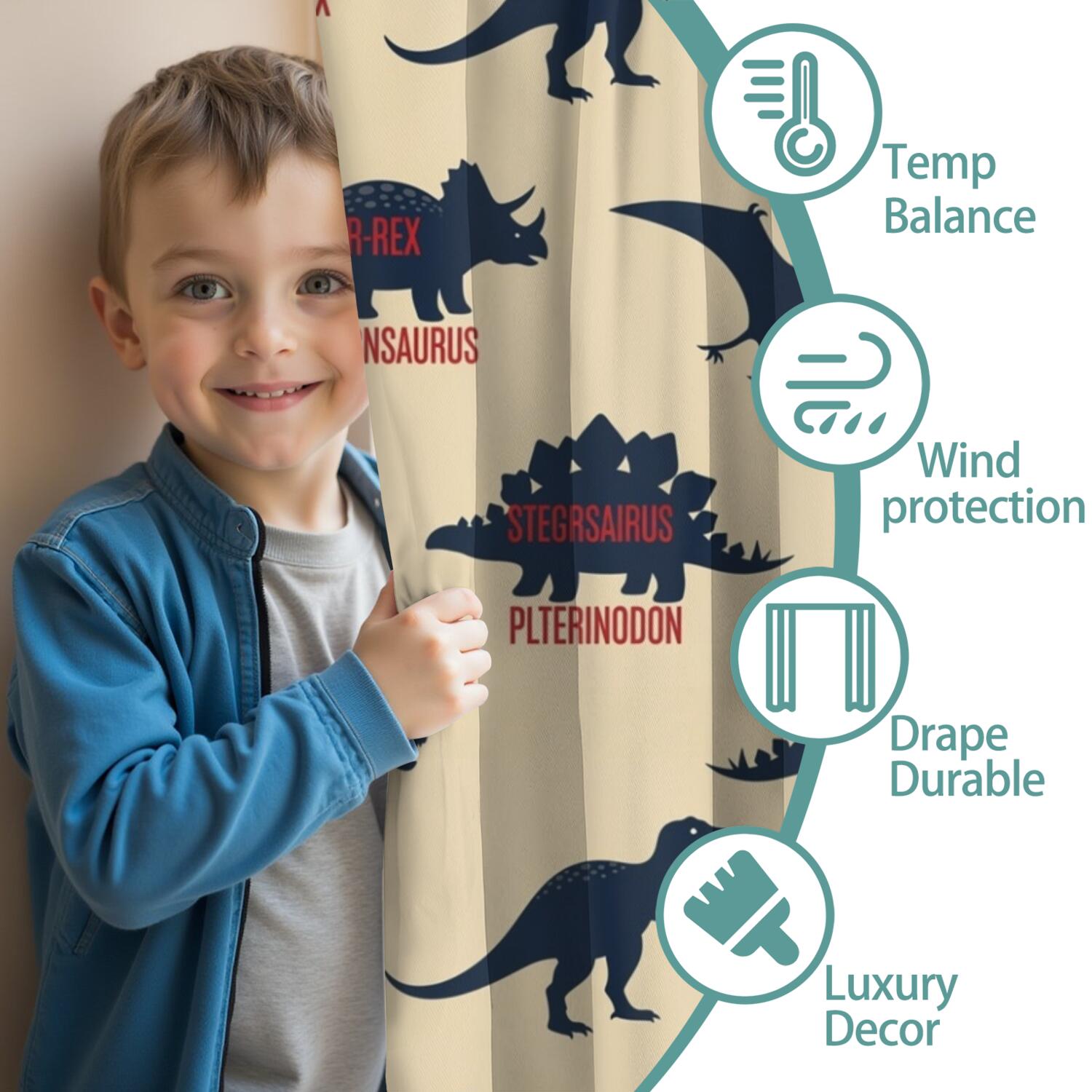 Blackout Kids Curtains,Beige Dinosaurs Names Pattern Childrens Insulated Curtains Set Of 2,Bedroom Essentials,Toddler Room Decor 52"x84"