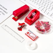 Red Desk Accessories 9 Pcs, Stapler, Staple Remover, Staples, Tape Dispenser, Tape, Clips Set, Scissor, Ruler, Red Office Supplies