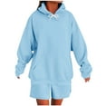 thumbnail image 2 of Roncen Women's Casual Hooded Sweatshirt & Drawstring Shorts 2-Piece Set - Loose Fit Long Sleeve Round Neck Solid Color with Pockets, 2 of 6