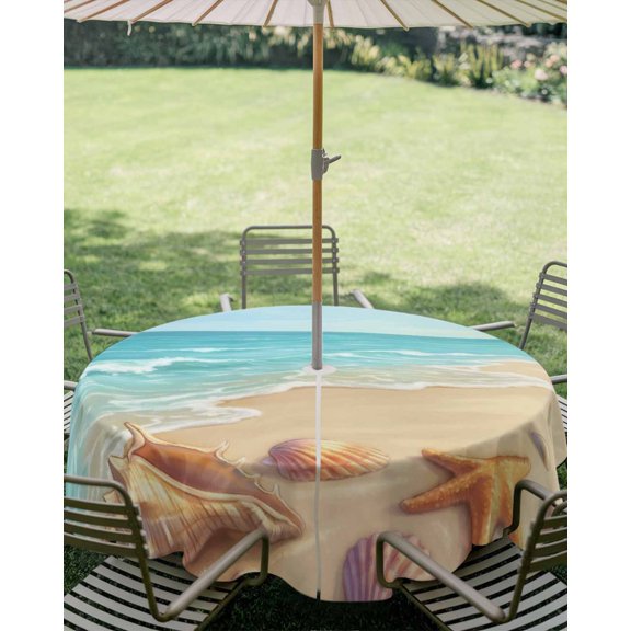 Outdoor Tablecloth with Umbrella Hole, Summer Beach Ocean Starfish Conch Zippered Table Cloth for Square Tables, Marine Theme Sea Shell Washable Waterproof Tablecloths for Picnic Patio Garden