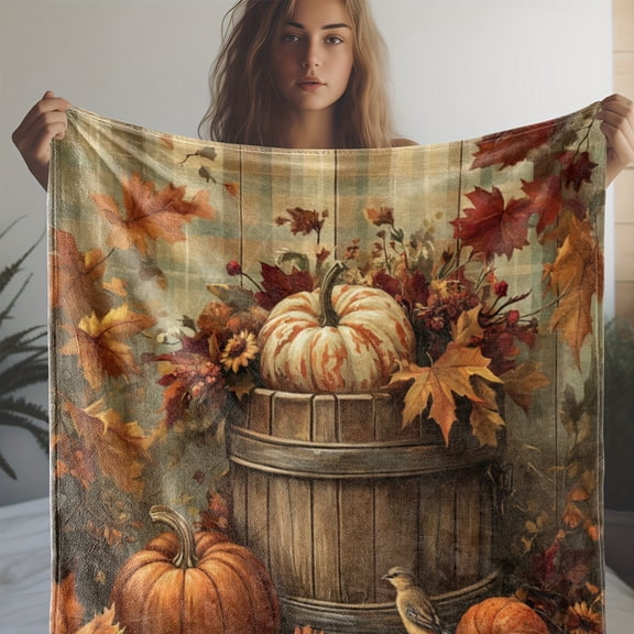 Vintage Pumpkin and Autumn Leaves Print Flannel Throw Blanket - Cozy, Soft, Warm Decorative Throw for Sofa, Bed, Car, Office, Camping, and Travel