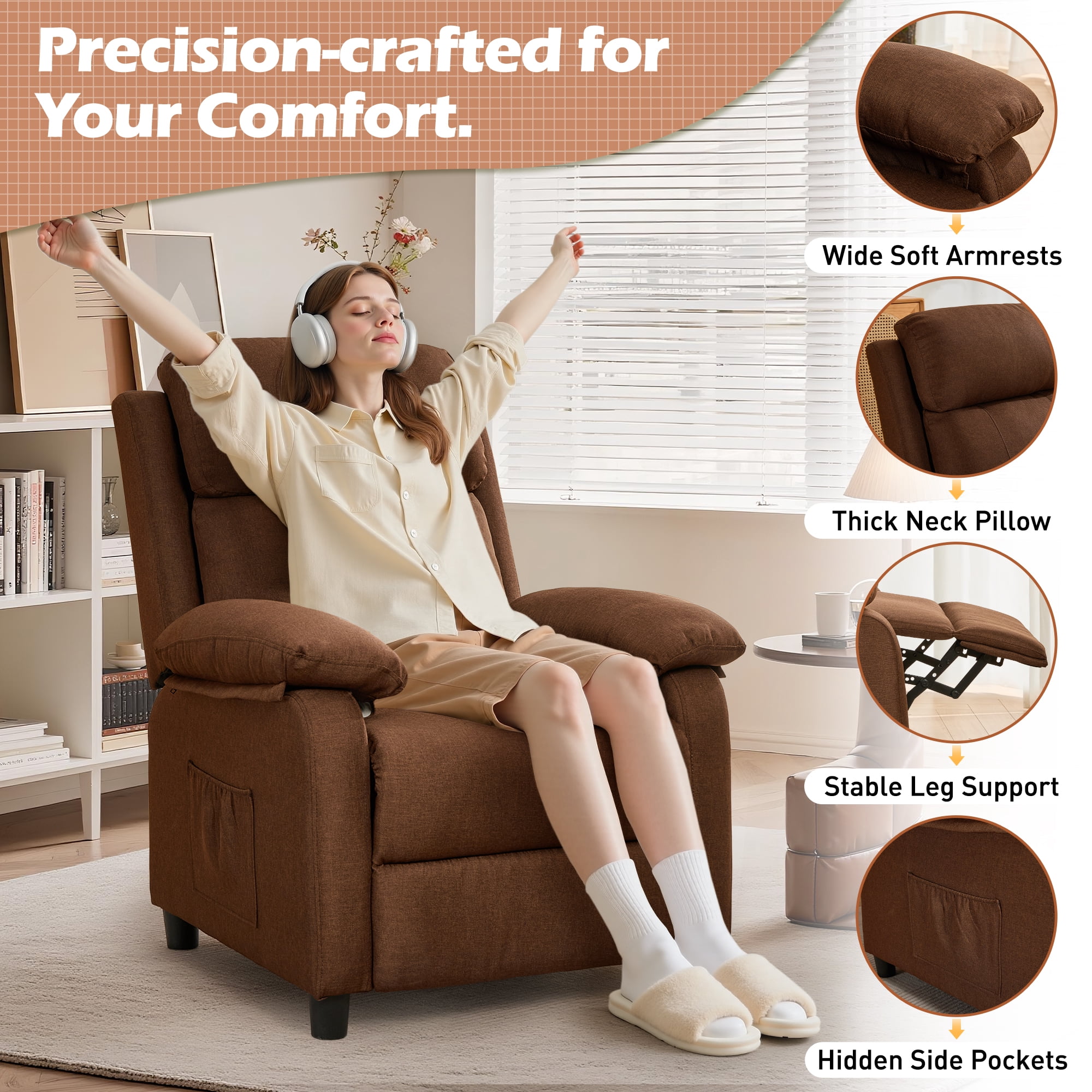 Korser Manual Push Back Recliner Chair with Side Pockets,Recliner Chairs for Adults for Living Room,Small Recliners for Small Spaces,Linen,Brown