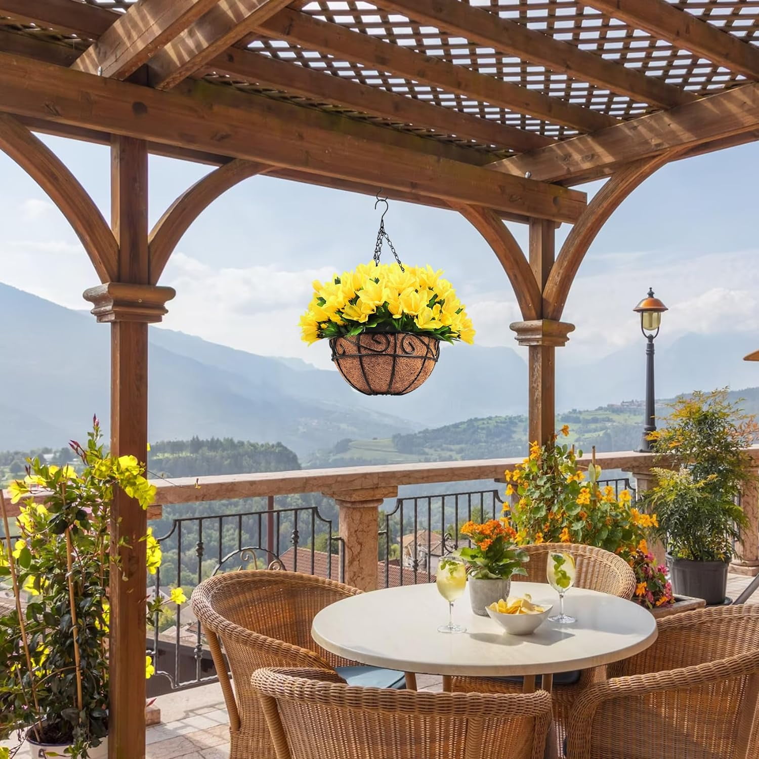 Artificial Hanging Flowers, Fake Silk Azalea Plants with Coconut Lining Hanging Baskets Outdoor for Spring Summer Yard Patio Front Porch Home Decorations, Yellow
