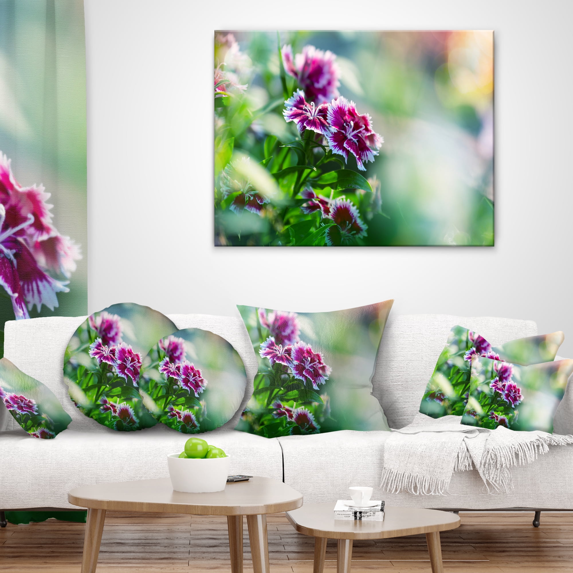 Designart Pink Flowers on Green Background - Floral Throw Pillow - 18x18
