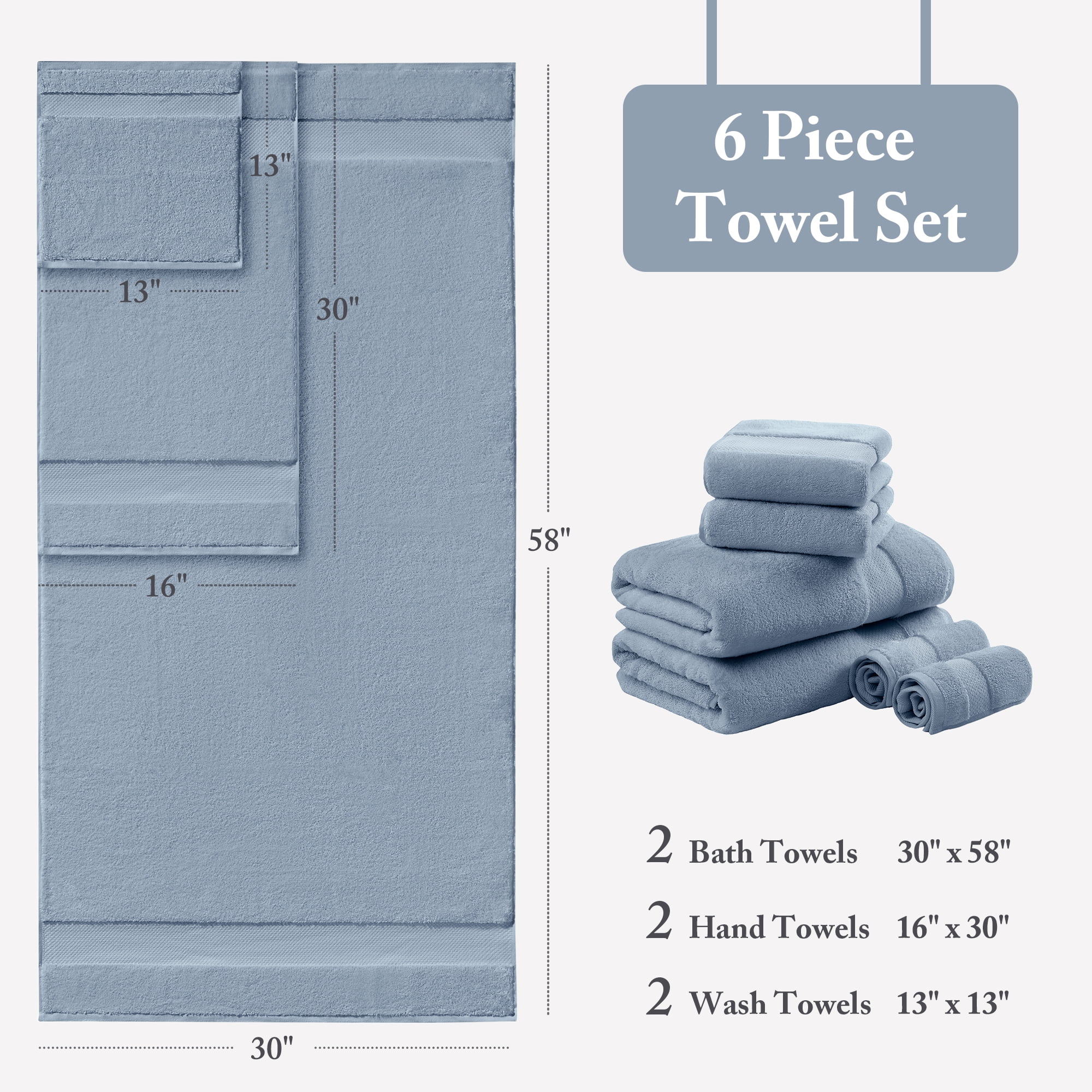 6-Piece Cotton Bath Towel Set,Soft Blue