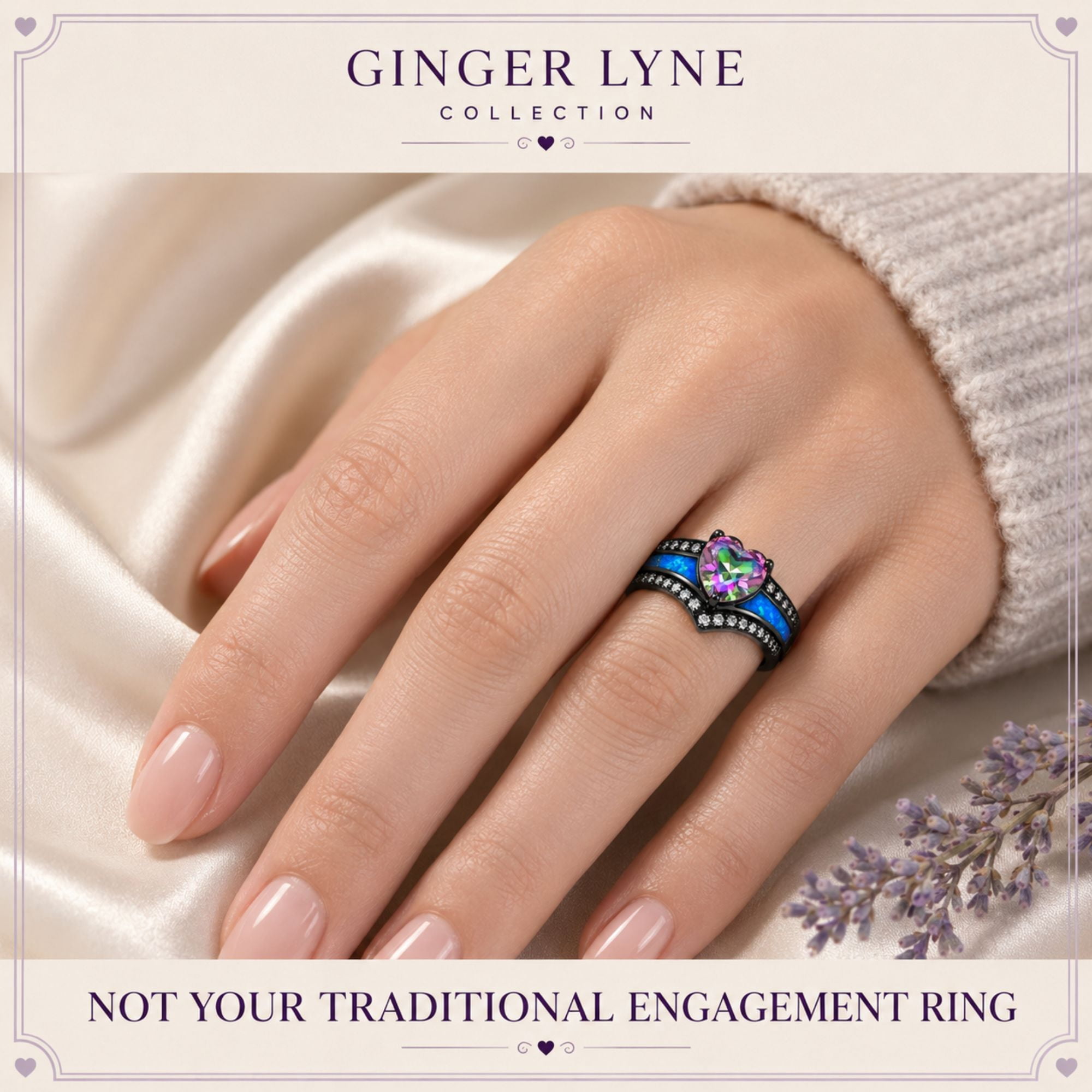 Black Engagement Ring for Women Mystic Topaz CZ Heart Promise Ring  Gift for Her Ginger Lyne