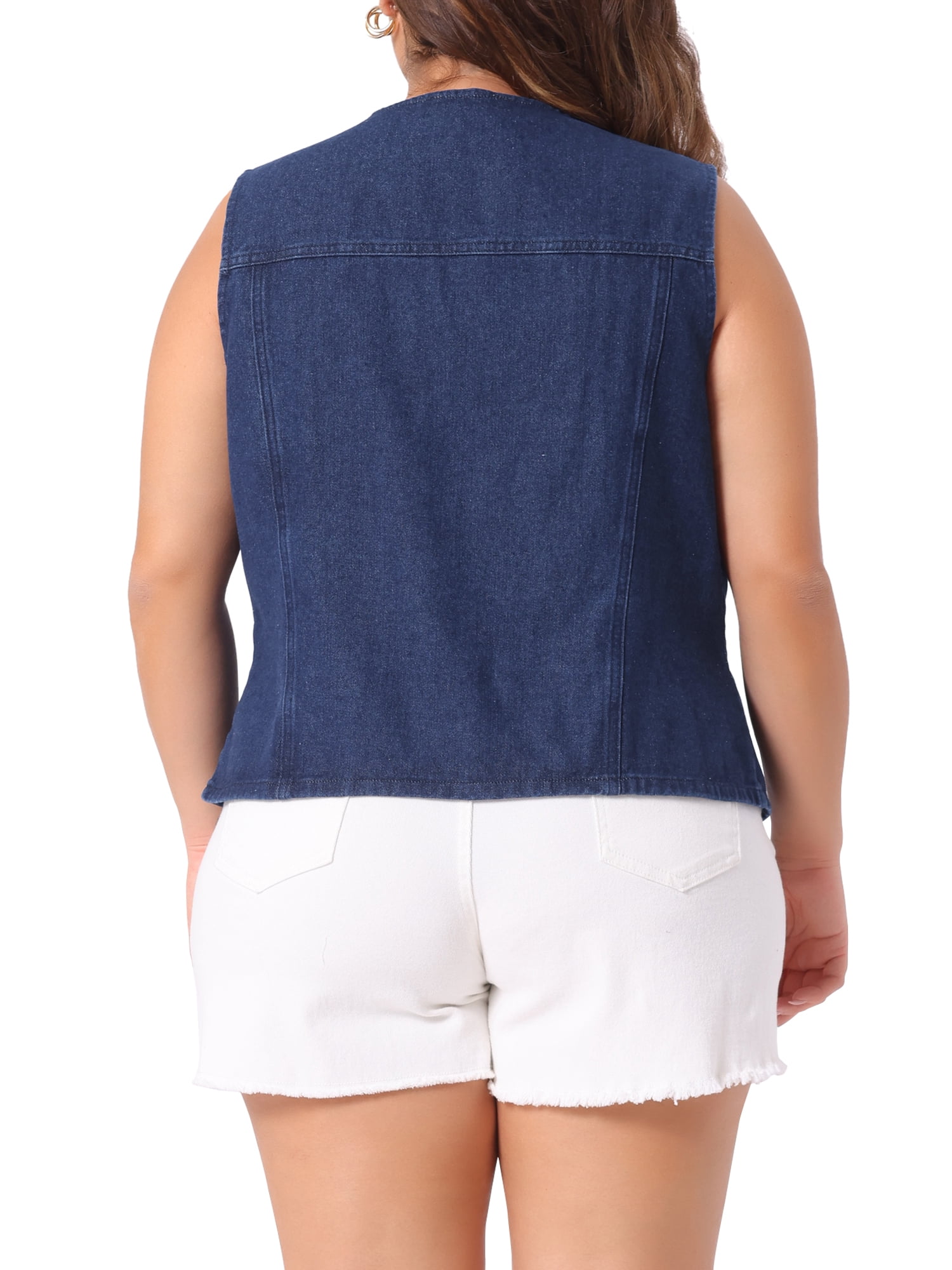 DARING DIVA Women's Plus Size V Neck Sleeveless Utility Denim Vests 2X Dark Blue