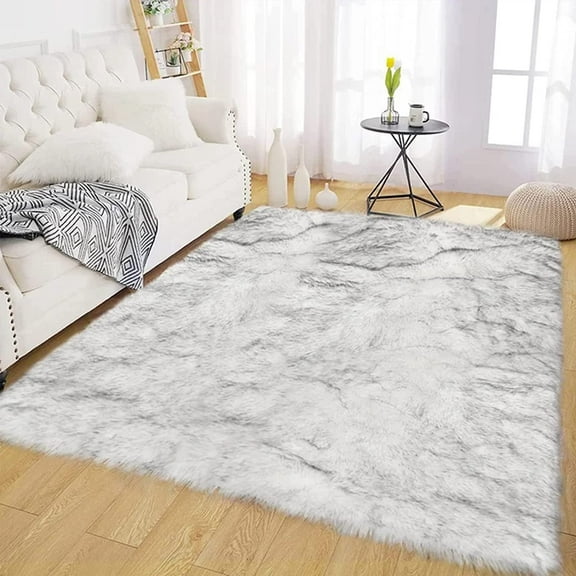 Latepis Fur Rug 6x9, Faux Sheepskin Rug for Living Room, Fluffy Washable Rug for Bedroom, Kid's Room, Luxury Room Decor, White with Grey Tips Rug for Bedroom Fluffy, Rectangle