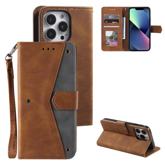 Phone Case for iPhone 16 Pro Wallet Cover with Wrist Strap, Splicing PU Leather Flip Case Card Holder Slots Kickstand Magnetic Closure for Women Men for iPhone 16 Pro, Brown
