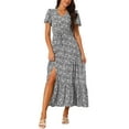 thumbnail image 1 of Vestidos de verano casuales de INSPIRE CHIC para mujeres, vestido maxi floral con escote en V y dobladillo dividido, vestido de manga corta L Negro, 1 of 6