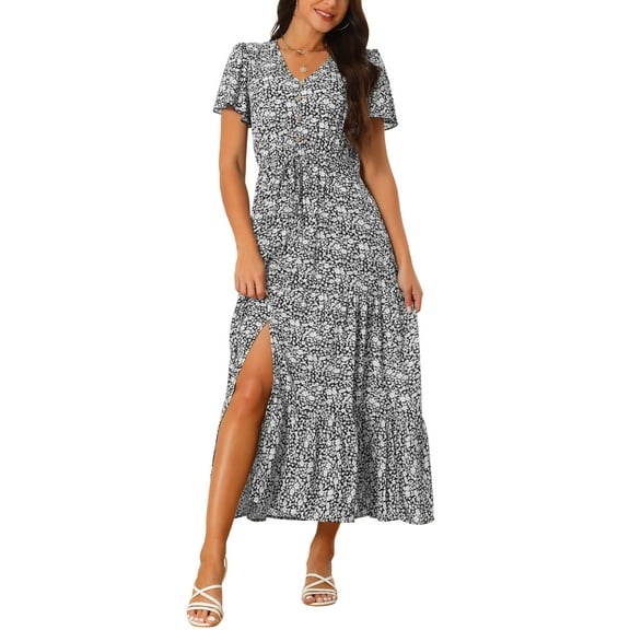 INSPIRE CHIC Women's Summer Dresses Casual V Neck Split Hem Short Sleeve Sundress Floral Maxi Dress L Black