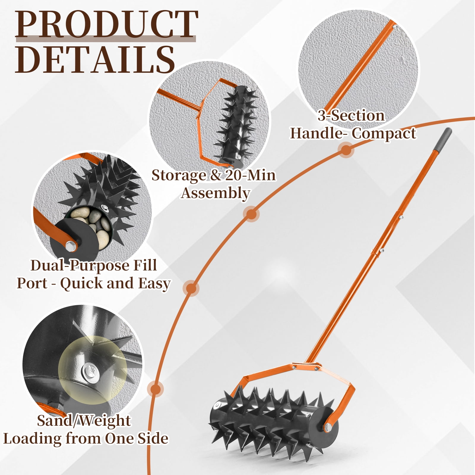 Zimtown 18" Heavy Duty Lawn Aerator, Fillable Drum & Double Spikes, Rubber Handle for Small Yards, Black Orange