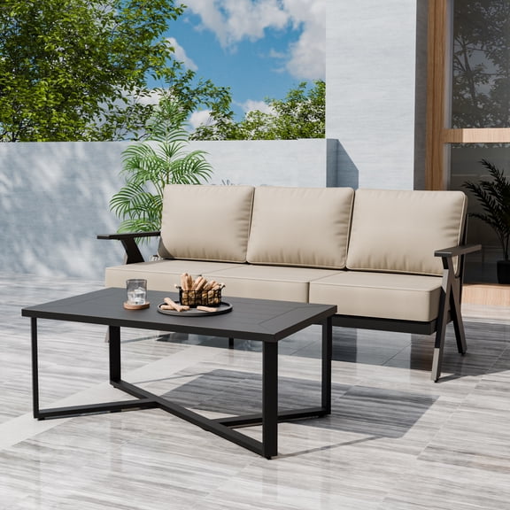 INTER HUT Urban Anvil Metal Patio Furniture Set, Outdoor Couch with Coffee Table, Black/Beige
