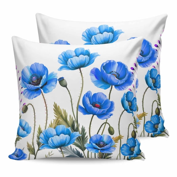 Outdoor Waterproof Throw Pillow Covers Set of 2 Blue Poppy FLoral Decorative Pillowcases Square Outdoor Pillows Cushion Case 16x16 Inch Nature FLoral Leaves Patio Pillows for Couch Sofa Bed Garden