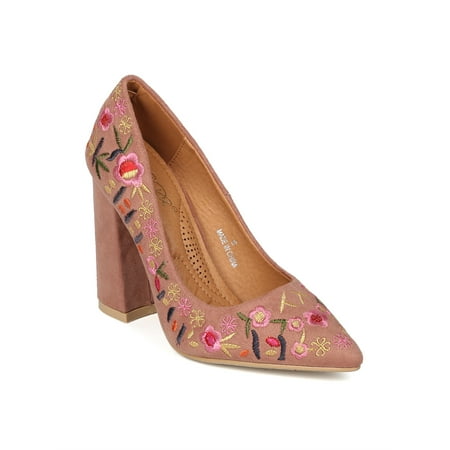 - New Women Faux Suede Pointy Toe Embroidered Block Heel Pump - 17933 by DbDk