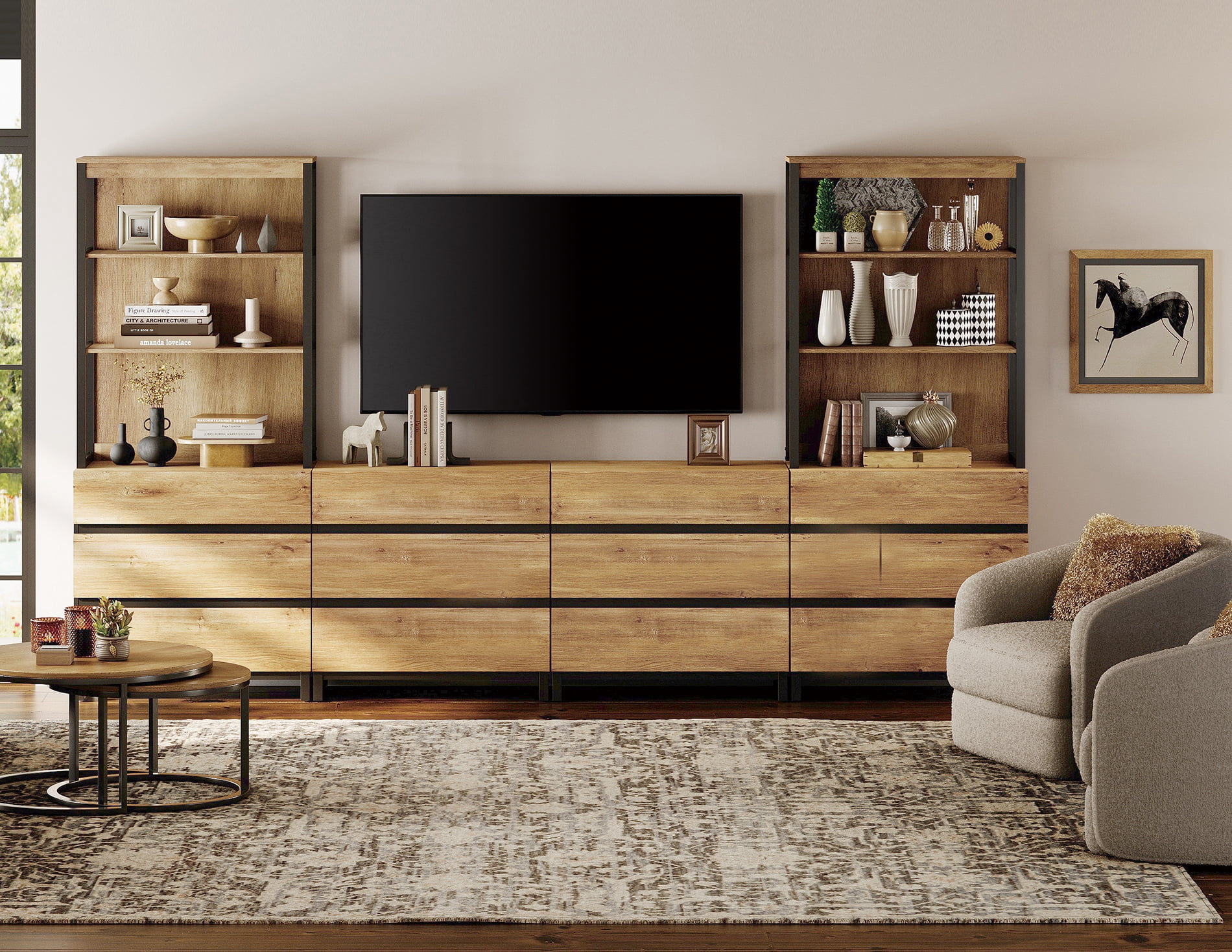 WAMPAT Modern TV Stand, 3-Tier Bookshelf & Farmhouse Entertainment Center with 12 Drawers, Adjustable Shelf & Black Metal Legs, Living Room Media,Console,Oak