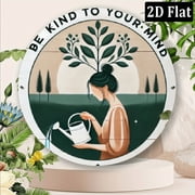 2D Flat Room Decor 1pc Inspirational Aluminum Metal Sign 8x8 inches, Be Kind to Your Mind Mindfulness Wellness Wall Art, Serene Woman Tending to Plants Design, IndoorOutdoor Decor for Home