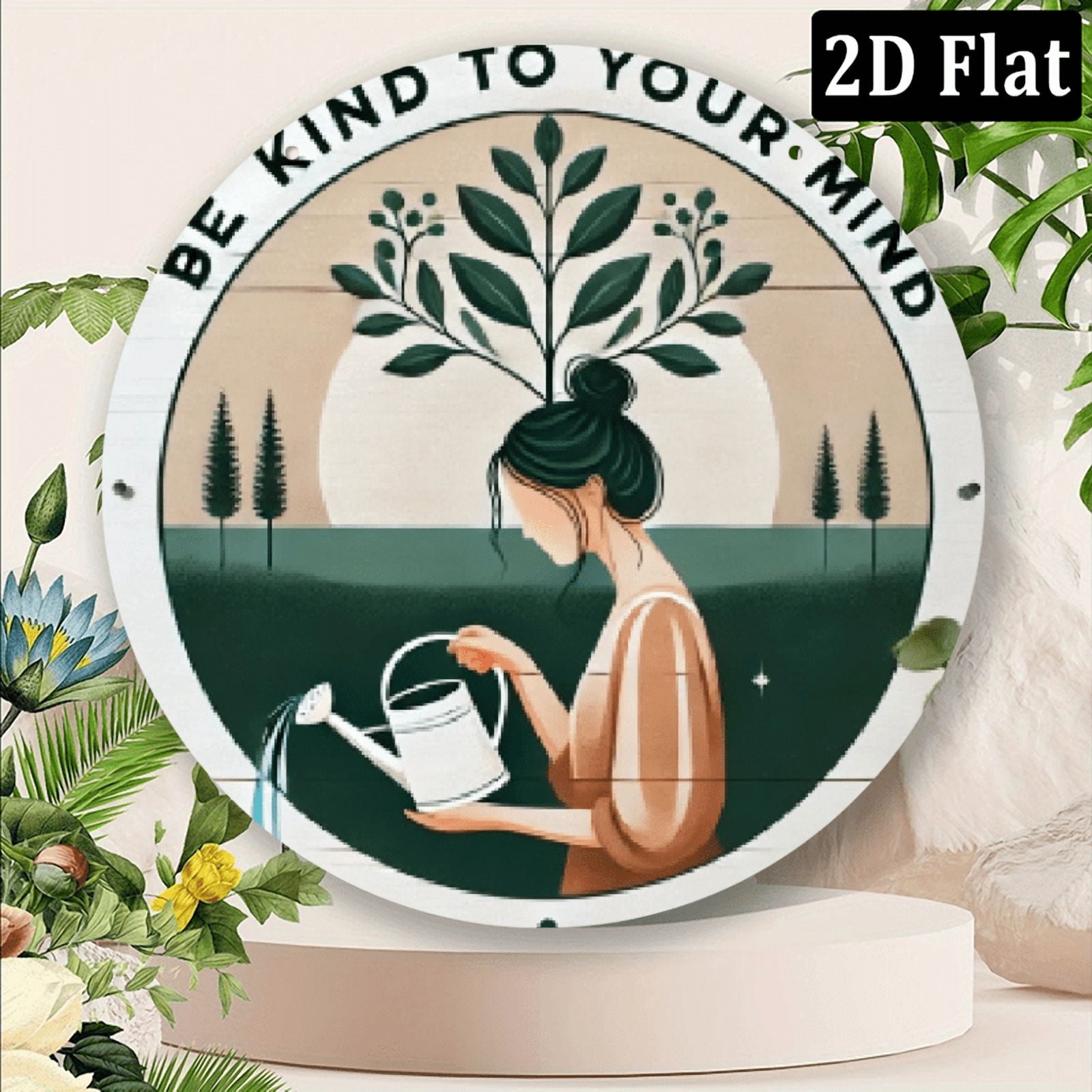 2D Flat Room Decor 1pc Inspirational Aluminum Metal Sign 8x8 inches, Be Kind to Your Mind Mindfulness Wellness Wall Art, Serene Woman Tending to Plants Design, IndoorOutdoor Decor for Home