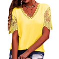 thumbnail image 1 of Blusa casual de manga corta con cuello en V y ribete de encaje de color puro para mujer para uso diario Amarillo XL, 1 of 4
