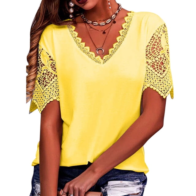Blusa casual de manga corta con cuello en V y ribete de encaje de color puro para mujer para uso diario Amarillo XL