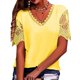thumbnail image 1 of Blusa casual de manga corta con cuello en V y ribete de encaje de color puro para mujer para uso diario, 1 of 4