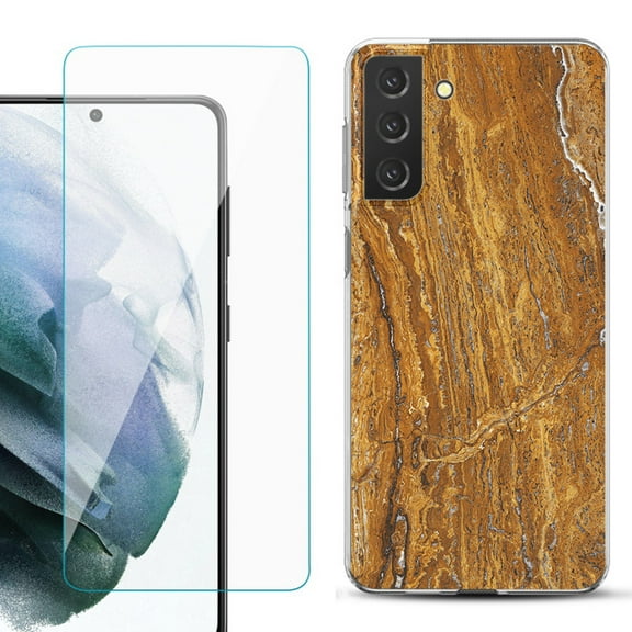 Slim-Fit TPU Fashion Phone Case for Samsung Galaxy S21 FE 5G Fan Edition, with Tempered Glass Screen Protector, by OneToughShield ® - Marble / Earth