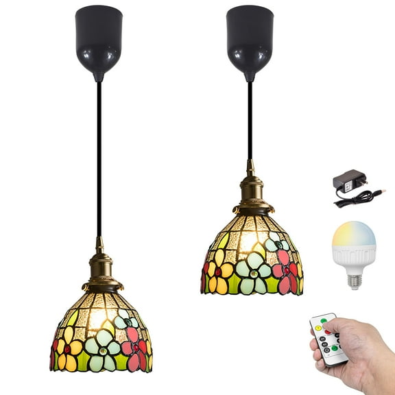 Kiven Battery Operated Pendant Light with Remote Control,Set of 2 Rechargeable Hanging Pendant Light Adjustable Height with Glass Lampshade for Bedroom Kitchen Bar Living Room,TB3238-A