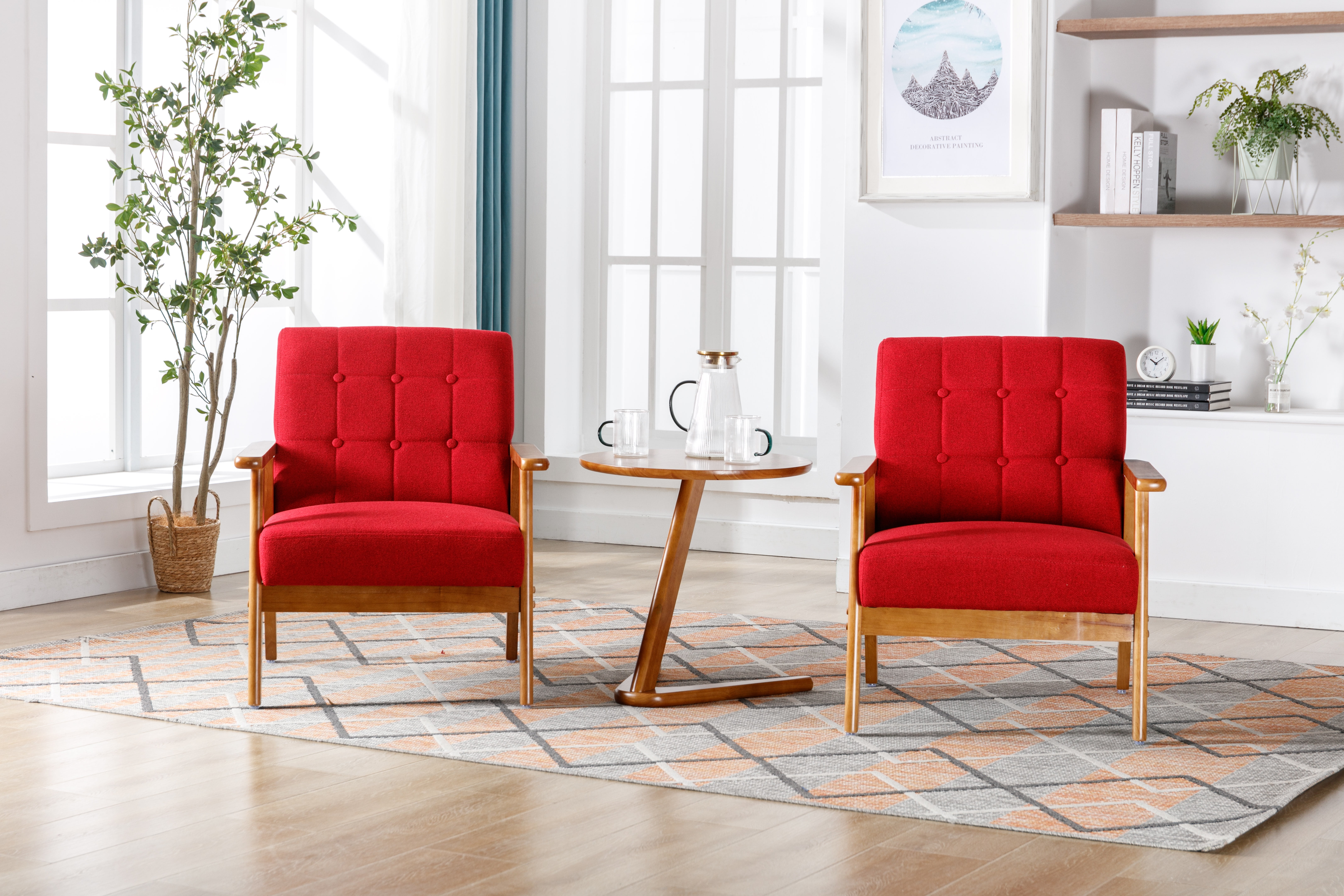 HOMEFUN Accent Chairs Set of 2 with Side Table Red Mid Century