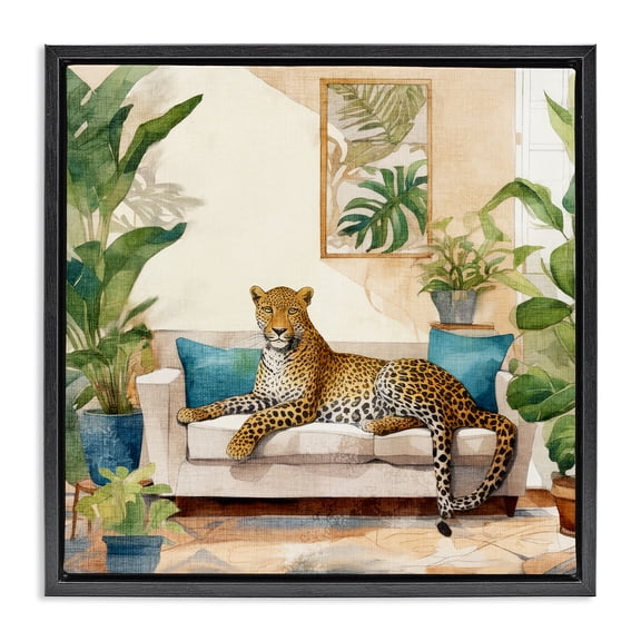 Stupell Industries Modern Cheetah & Tropical Indoors Black Floating Frame Canvas Art, 18 x 18, by Kim Allen