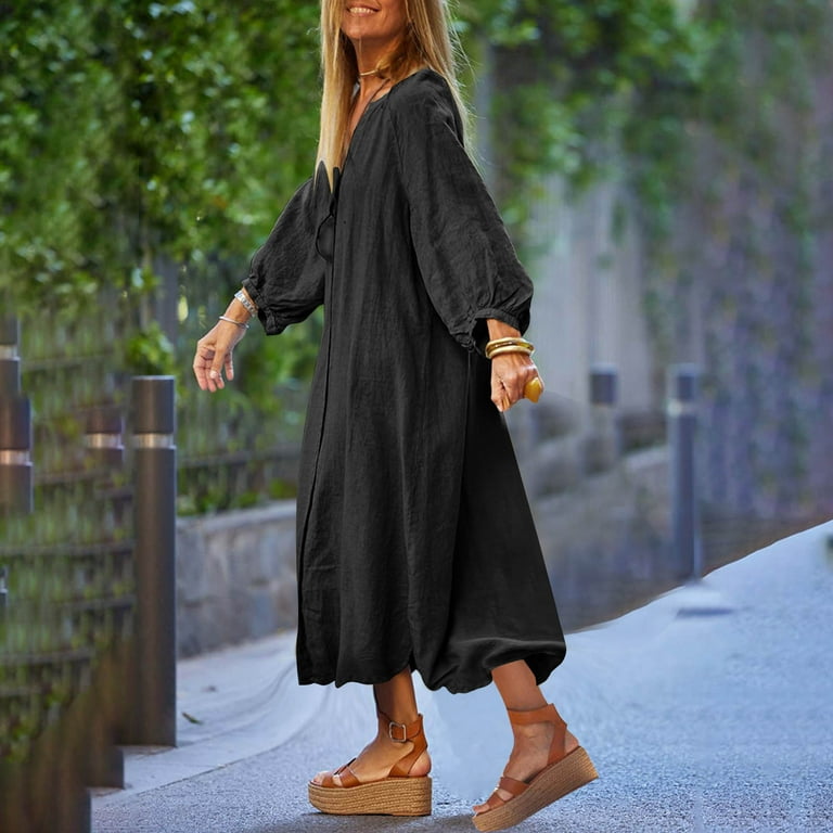 Wyongtao Casual Kaftan Dresses for Women Plus Size Cotton Linen Button Down Dresses Baggy Long Sleeve Casual Dresses Black, 2XL, Women's